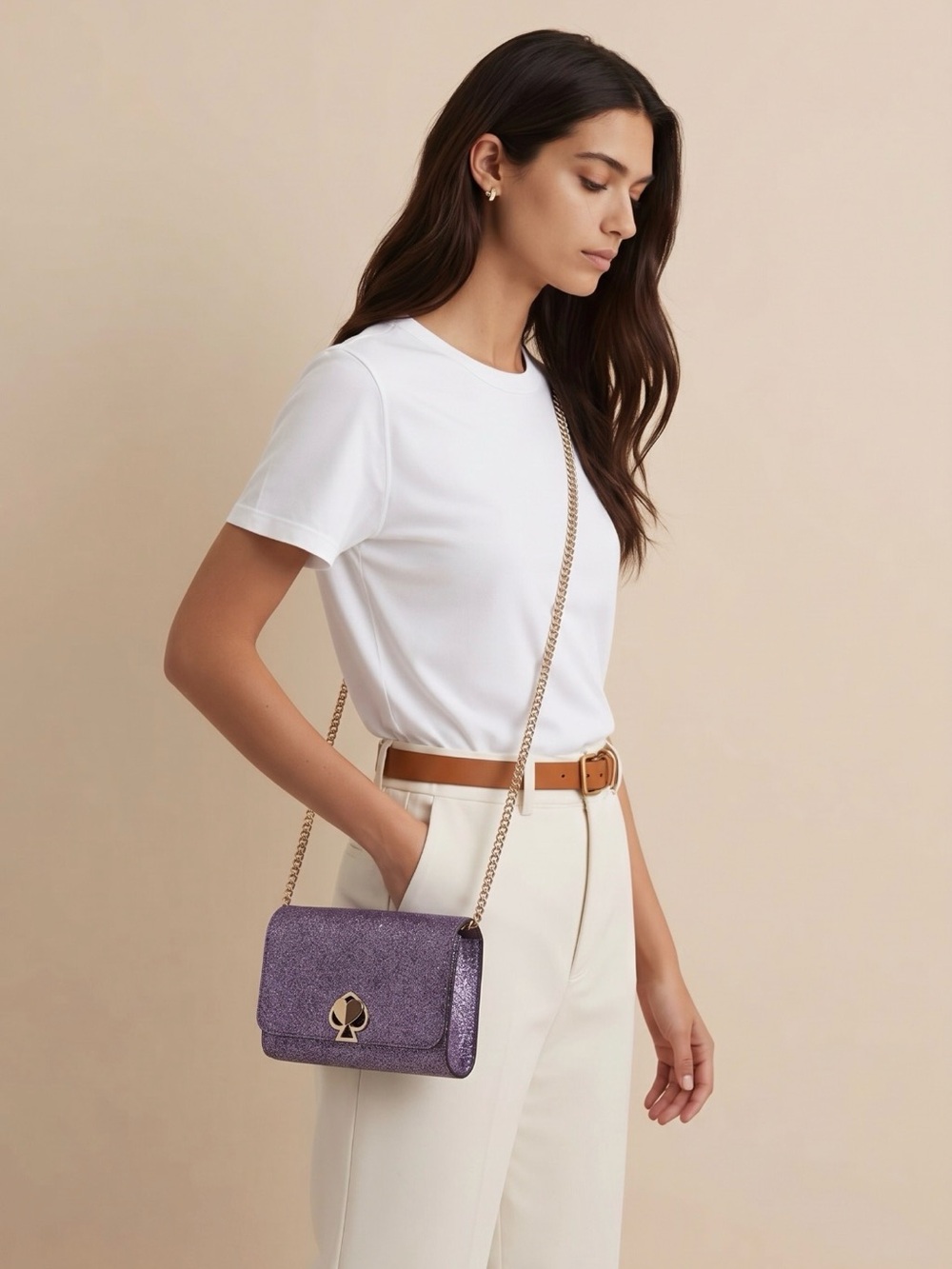 kate spade glitter purple crossbody with gold chain EUC